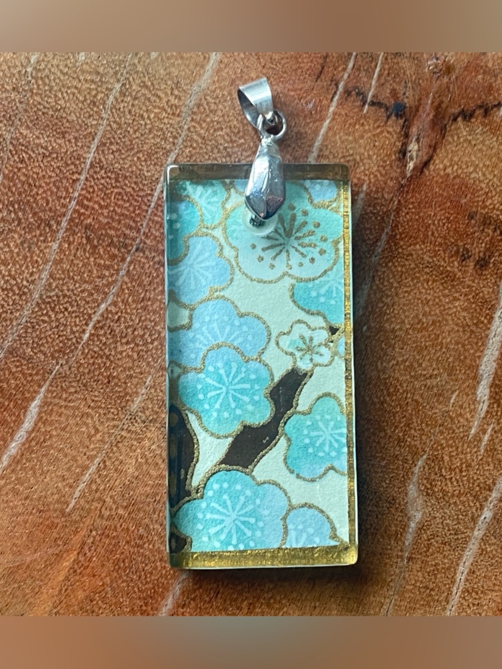 Handmade Japanese Cherry Blossom Blue Floral Rectangular Glass Pendant
